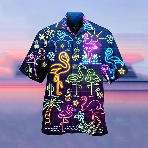 Men's Shirt Summer Hawaiian Shirt Graphic Shirt Fluorescent Turndown Light Purple Green Purple Yellow Red 3D Print Street Casual Short Sleeve 3D Button-Down Clothing Apparel Fashion Designer Casual