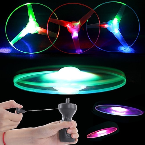 3 Sets Flying Toys- Colorful LED Light Pull String Flying Toy Flying Disc Toy for Indoor Outdoor Children Kids Playing