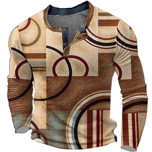 Graphic Color Block Geometic Fashion Designer Basic Men's 3D Print Waffle Henley Shirt Casual Style Classic Style Outdoor Daily T shirt Red Blue Brown Long Sleeve Henley Shirt Spring   Fall Clothing