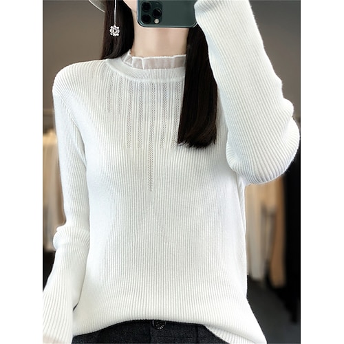 Women's Pullover Sweater Jumper Crew Neck Ribbed Knit Acrylic Ruffle Fall Winter Regular Outdoor Daily Going out Stylish Casual Soft Long Sleeve Solid Color Black White Purple S M L