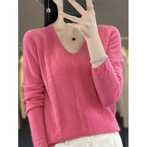 Women's Pullover Sweater Jumper V Neck Cable Knit Polyester Knitted Fall Winter Regular Outdoor Daily Holiday Fashion Streetwear Casual Long Sleeve Solid Color Black White Light Green S M L
