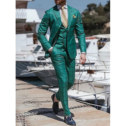 Green Men's Wedding Suits Checkered 3 Piece Plus Size Tailored Fit Single Breasted Two-buttons 2023