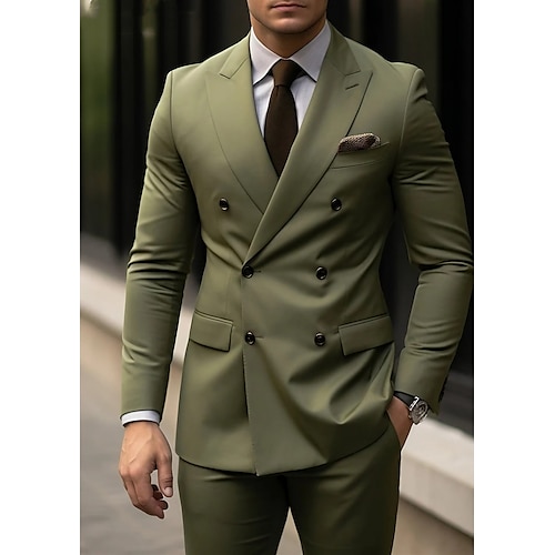 Green Men's Wedding Suits Solid Colored 2 Piece Plus Size Tailored Fit Double Breasted Six-buttons 2023