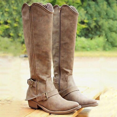 Women's Boots Motorcycle Boots Plus Size Work Boots Outdoor Daily Knee High Boots Winter Buckle Flat Heel Round Toe Vintage Casual Minimalism Faux Leather Zipper Solid Color Black Purple Brown