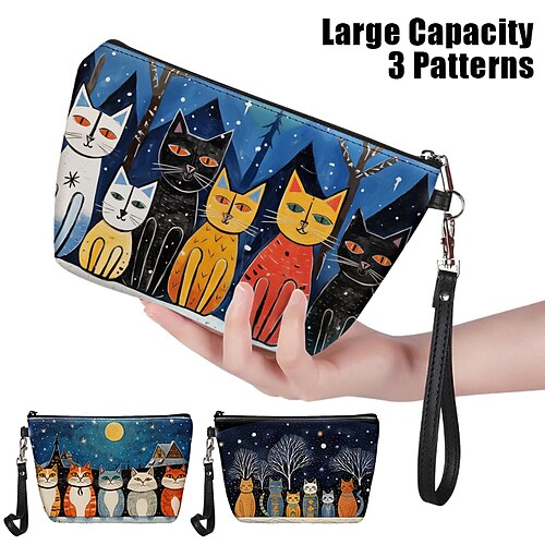 Women's Makeup Bag Cosmetic Bag PU Leather Party Holiday Travel Print Pen Bag Large Capacity Foldable Lightweight Cat Character Navy Blue Royal Blue Dark Blue