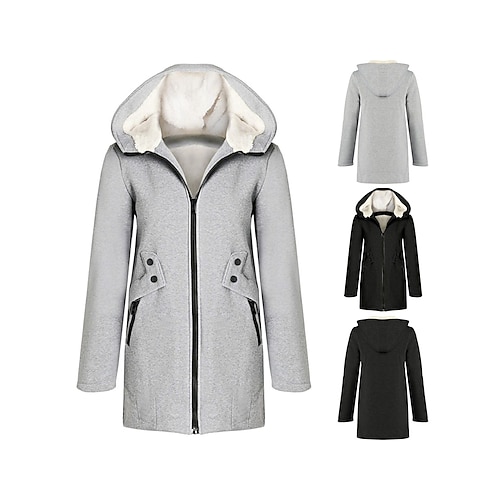 Women's Winter Coat Fleece Lined Jacket Zip uo Thermal Warm Heated Jacket with Pockets Windproof Hooded Jacket Gray