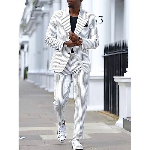 White Men's Wedding Suits Striped 2 Piece Plus Size Tailored Fit Single Breasted Two-buttons 2023