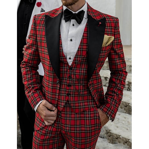 Red Black Men's Wedding Suits 3 Piece Plus Size Plaid Checkered Christmas Wear Tailored Fit Single Breasted One-button 2023