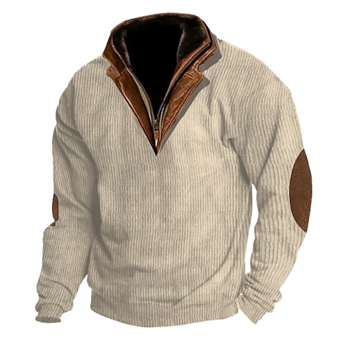 Men's Sweatshirt Quarter Zip Sweatshirt Black Blue Brown Khaki Standing Collar Color Block Patchwork Sports  Outdoor Daily Holiday Corduroy Streetwear Basic Casual Spring   Fall Clothing Apparel