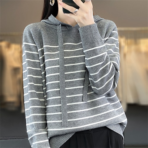 Women's Pullover Sweater Jumper Hooded Ribbed Knit Polyester Patchwork Fall Winter Regular Outdoor Daily Going out Stylish Casual Soft Long Sleeve Striped Black White Navy Blue S M L