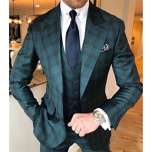 Green Men's Plaid Wedding Suits 3 Piece Plus Size Checkered Tailored Fit Single Breasted Two-buttons 2023