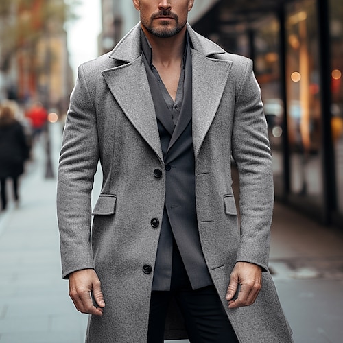 Men's Winter Coat Peacoat Long Trench Coat Outdoor Daily Wear Fall  Winter Polyester Thermal Warm Windproof Outerwear Clothing Apparel Fashion Streetwear Plain Lapel Single Breasted