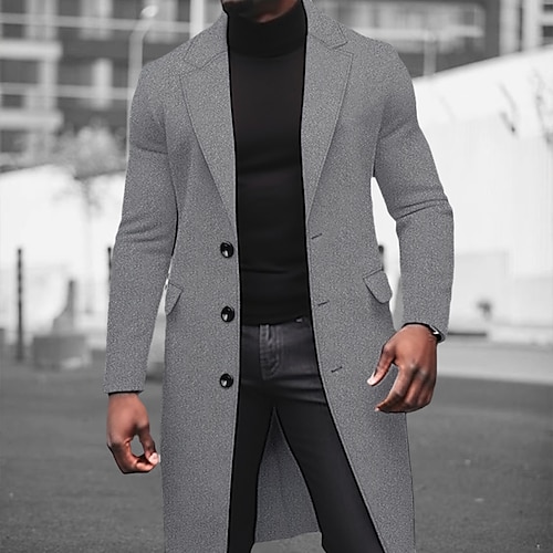 Men's Winter Coat Overcoat Long Trench Coat Outdoor Daily Wear Fall  Winter Polyester Thermal Warm Windproof Outerwear Clothing Apparel Fashion Streetwear Plain Lapel Single Breasted