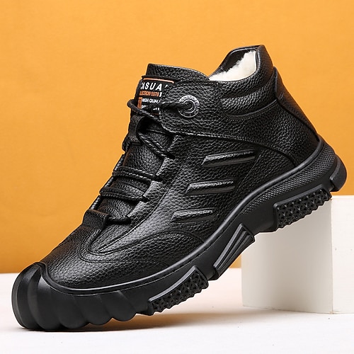 Men's Boots Dress Shoes Winter Boots Fleece lined Walking Casual Outdoor Daily Leather Warm Breathable Comfortable Loafer Black Color Block Fall Winter