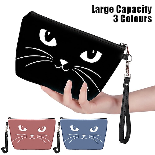 Women's Makeup Bag Wristlet Cosmetic Bag PU Leather Party Holiday Travel Print  Pen Bag Large Capacity Foldable Lightweight Cat Black Pink Blue