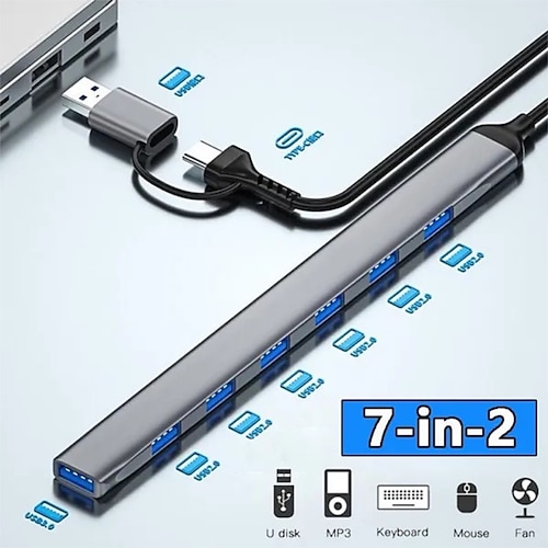 7 Ports 2 In 1 USB 3.0 HUB Type-c Adapter USB 2.0 High Speed Transmission Multi-port USB Splitter Expander for PC Computer
