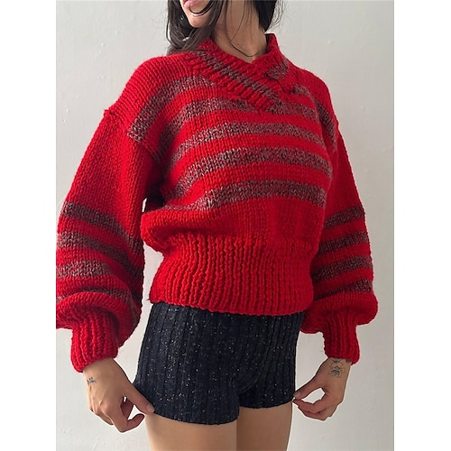 Women's Pullover Sweater Jumper Crew Neck Ribbed Knit Acrylic Patchwork Fall Winter Regular Outdoor Daily Going out Stylish Casual Soft Long Sleeve Color Block Black Wine Red S M L