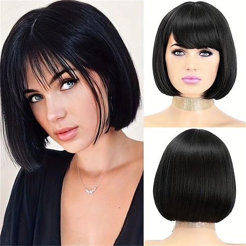 12 Inch Natural Looking Bob Straight Hair Wigs Synthetic Heat Resistant Rose Net Hair Wigs For Anime Cosplay Halloween Costume Party Use