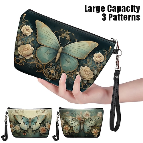 Women's Makeup Bag Wristlet Cosmetic Bag PU Leather Party Holiday Travel Print Pen Bag Large Capacity Foldable Lightweight Light Green Dark Green Green