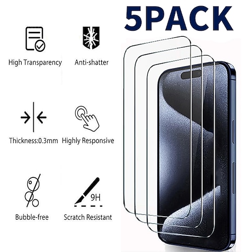 5PCS 9H Screen Protector Clear Tempered Glass Protective Screen Film Cover for iPhone 15 14 13 12 11 Pro Max 15 14 Plus 12 13 Mini X XR Xs Max