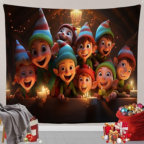 Christmas Elfs Hanging Tapestry Wall Art Xmas Large Tapestry Mural Decor Photograph Backdrop Blanket Curtain Home Bedroom Living Room Decoration