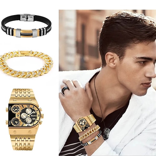 3pcs/set  Luxury Gold Hip Hop Bracelets Men's Quartz Watch Stainless Steel Sports Big Dial with Calendar Wristwatch Gift Set for Dad