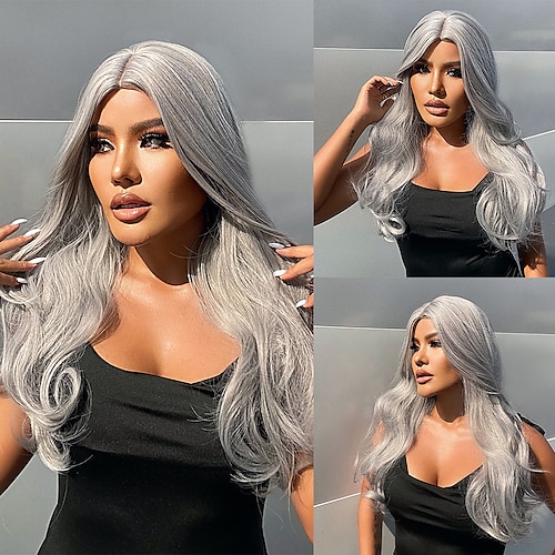 Cosplay Costume Wig Synthetic Wig Curly Body Wave Middle Part Machine Made Wig 22 inch Grey Synthetic Hair Women's Dark Gray