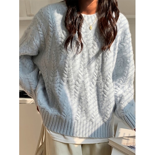 Women's Pullover Sweater Jumper Crew Neck Cable Knit Polyester Oversized Fall Winter Regular Outdoor Daily Going out Stylish Casual Soft Long Sleeve Solid Color Pink Red Beige One-Size