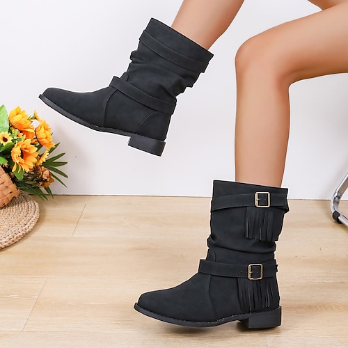Women's Boots Biker boots Slouchy Boots Plus Size Party Work Daily Mid Calf Boots Chunky Heel Pointed Toe Punk Minimalism Walking PU Buckle Solid Color Black Brown Gray