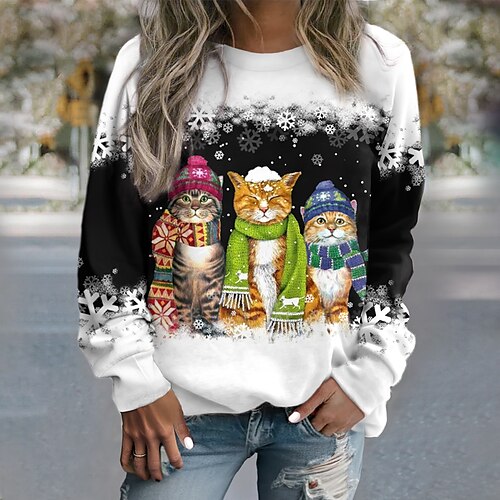 Women's Pullover Christmas Sweatshirt Cat Snowflake Sportswear Festival Light Green Dark Pink Navy Blue Christmas Casual Round Neck Long Sleeve Top Micro-elastic Fall  Winter