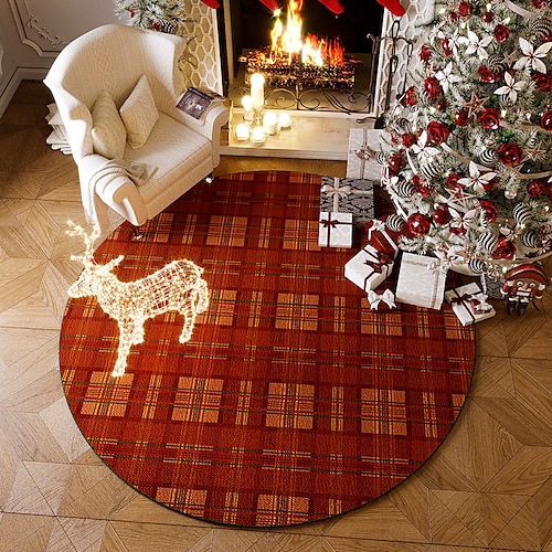 Christmas Round Area Rug  Washable Living Room Red Round Rug,Winter Soft Low Pile Bedroom Non-Slip Circular Mat,Holiday Xmas Decor Floor Carpet for Bathroom Kitchen Dorm