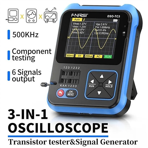 3 in 1 Digital Oscilloscope Transistor Tester Function Signal Generator Meter Handheld Oscilloscope 2.4inch TFT Display 10MS/s Sample Rate 500KHz Bandwidth Oscillometer