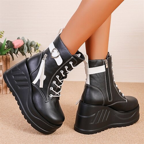 Women's Boots Combat Boots Plus Size Height Increasing Shoes Daily Booties Ankle Boots Buckle Platform Wedge Heel Round Toe Punk Sporty Casual PU Lace-up Color Block Black / White Black / Red