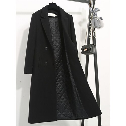 Women's Pea Coat Long Winter Coat Single Breasted Lapel Overcoat Warm Trench Coat Stylish Casual Jacket Long Sleeve with Pockets Black