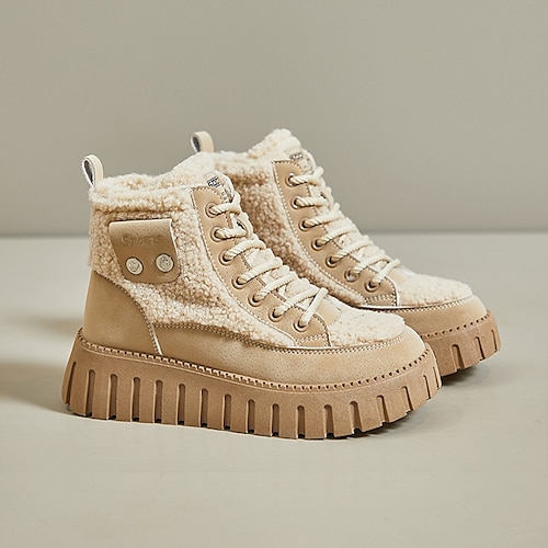 Women's Sneakers Boots Platform Boots Snow Boots Winter Boots Outdoor Daily Fleece Lined Booties Ankle Boots Winter Lace-up Wedge Heel Round Toe Elegant Fashion Cute Faux Fur Lace-up Khaki