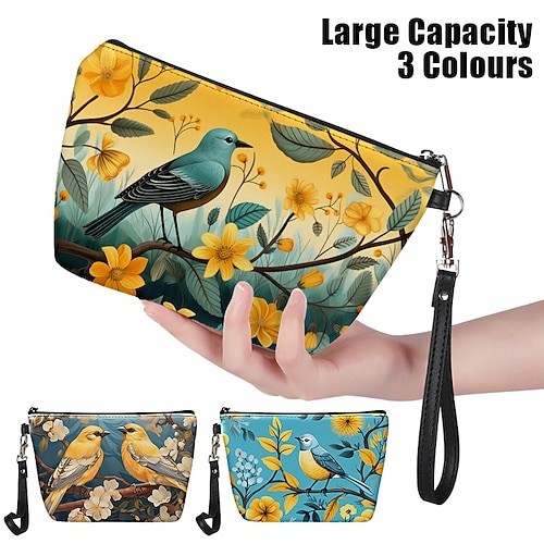 Women's Makeup Bag Wristlet Cosmetic Bag PU Leather Party Holiday Travel Print Pen Bag Large Capacity Foldable Lightweight Character Yellow Dark Blue Light Blue