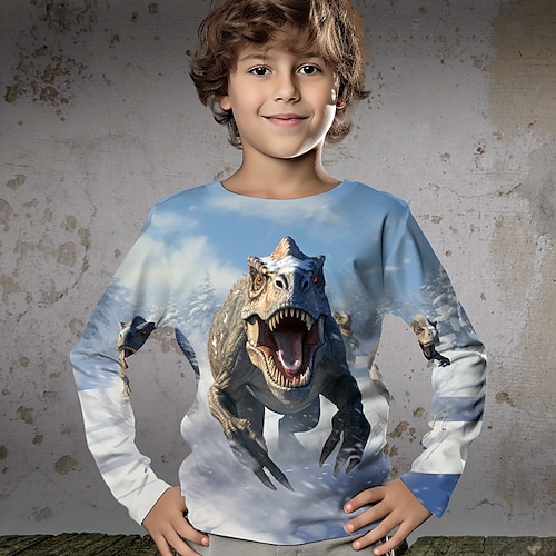 Boys 3D Dinosaur Tee Shirt Long Sleeve 3D Print Fall Winter Sports Fashion Streetwear Polyester Kids 3-12 Years Crew Neck Outdoor Casual Daily Regular Fit