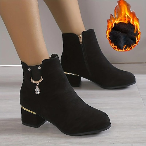 Women's Boots Suede Shoes Plus Size Outdoor Daily Fleece Lined Booties Ankle Boots Chunky Heel Round Toe Elegant Plush Casual Faux Suede Zipper Solid Color Black