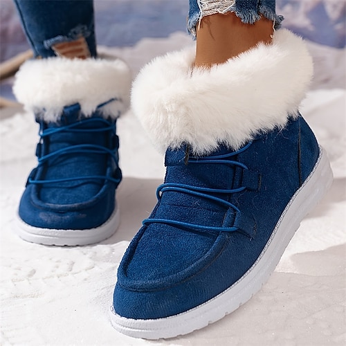 Women's Boots Snow Boots Plus Size Daily Fleece Lined Booties Ankle Boots Winter Flat Heel Round Toe Casual Comfort Suede Lace-up Solid Color Black Yellow Blue