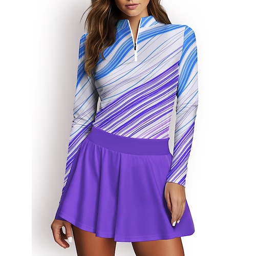 Women's Polo Shirt Golf Shirt Breathable Quick Dry Moisture Wicking Long Sleeve Golf Apparel Golf Clothes Regular Fit Zipper Stand Collar Stripes Spring Autumn Tennis Golf Pickleball