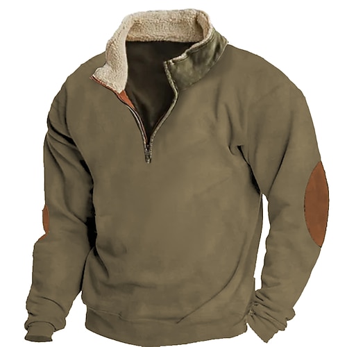 Men's Sweatshirt Quarter Zip Sweatshirt Brown Half Zip Color Block Patchwork Sports  Outdoor Daily Holiday Corduroy Casual Thin fleece Tactical Fall  Winter Clothing Apparel Hoodies Sweatshirts