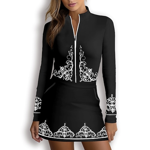 Women's Polo Shirt Golf Shirt Breathable Quick Dry Moisture Wicking Long Sleeve Golf Apparel Golf Clothes Regular Fit Zipper Stand Collar Printed Spring Autumn Tennis Golf Pickleball