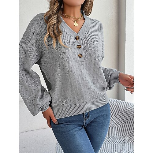 Women's Pullover Sweater Jumper V Neck Ribbed Knit Acrylic Button Fall Winter Regular Outdoor Daily Going out Stylish Casual Soft Long Sleeve Solid Color White Pink Gray S M L