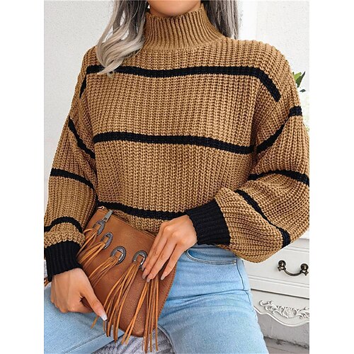 Women's Pullover Sweater Jumper Stand Collar Ribbed Knit Acrylic Patchwork Fall Winter Regular Outdoor Daily Going out Stylish Casual Soft Long Sleeve Color Block White Green Khaki S M L