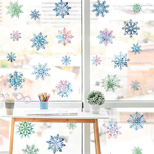 Decoration Stickers Glitter Blue Snowflake Window Clings Decals Christmas Glass Static Stickers for Xmas Holiday Winter Decoration