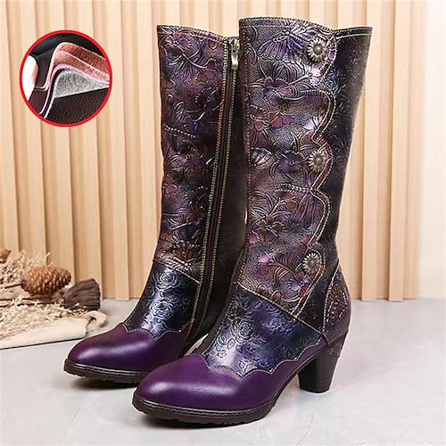 Women's Boots Button Boots Plus Size Handmade Shoes Daily Knee High Boots Button Kitten Heel Pointed Toe Vintage Casual Comfort Leather Zipper Floral Wine Blue Purple