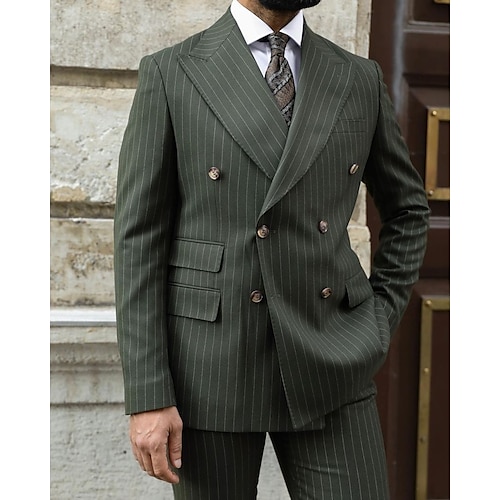 Army Green Men's Wedding Suits Striped 2 Piece Plus Size Tailored Fit Double Breasted Six-buttons 2023