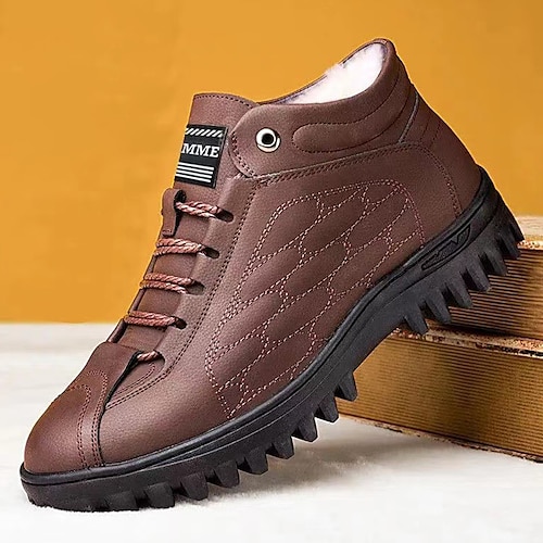 Men's Boots Dress Shoes Winter Boots Fleece lined Casual Outdoor Daily PU Warm Breathable Comfortable Loafer Black cotton Brown cotton Black Color Block Fall Winter