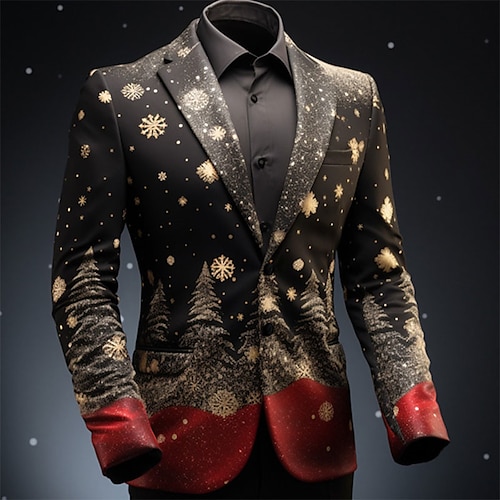 Christmas Tree Business Men's Coat Blazer Christmas Work Wear to work Fall  Winter Turndown Long Sleeve Black Yellow Blue S M L Polyester Weaving Jacket