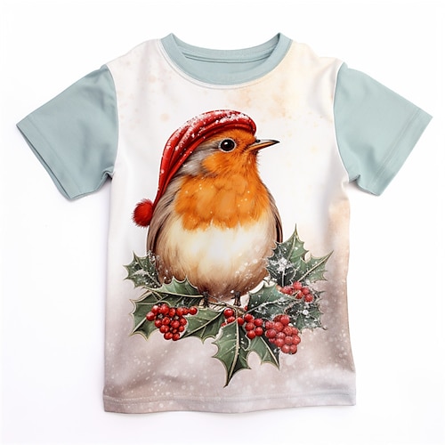 Christmas Boys 3D Bird Tee Skirt Short Sleeve 3D Print Fall Active Sports Fashion Polyester Kids 3-12 Years Outdoor Casual Daily Regular Fit